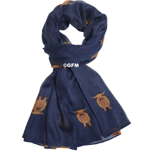 Scottish Highland Cow Scarf – Fluffy Highland Coos Heilan Coo Cattle Print Wrap - Navy Blue (CW-53-GHNL)