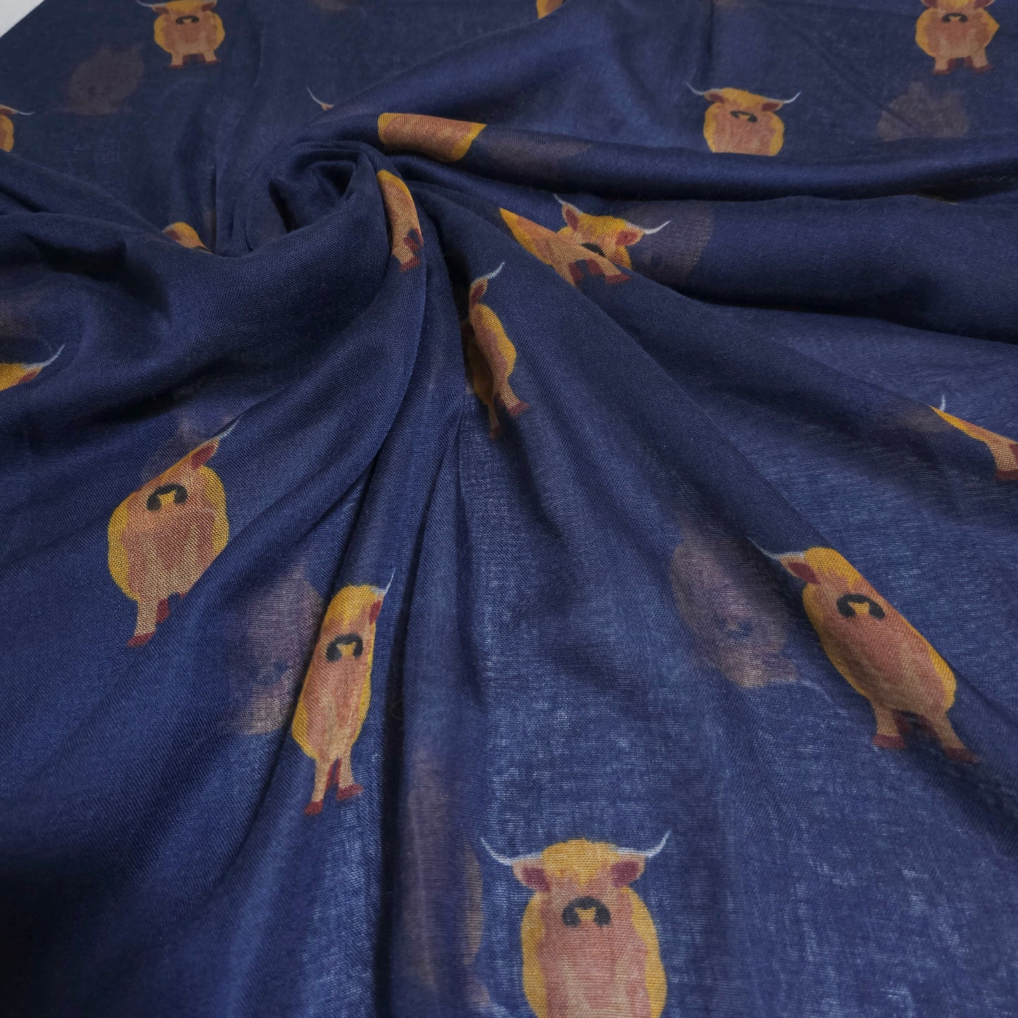 Scottish Highland Cow Scarf – Fluffy Highland Coos Heilan Coo Cattle Print Wrap - Navy Blue (CW-53-GHNL)