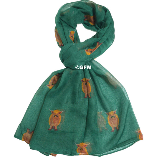 Scottish Highland Cow Scarf – Fluffy Highland Coos Heilan Coo Cattle Print Wrap - Green (CW-53-HR)