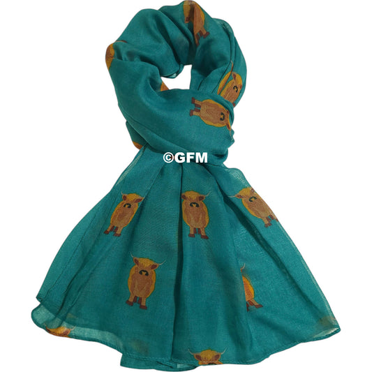 Scottish Highland Cow Scarf – Fluffy Highland Coos Heilan Coo Cattle Print Wrap - Teal (CW-53-TL)