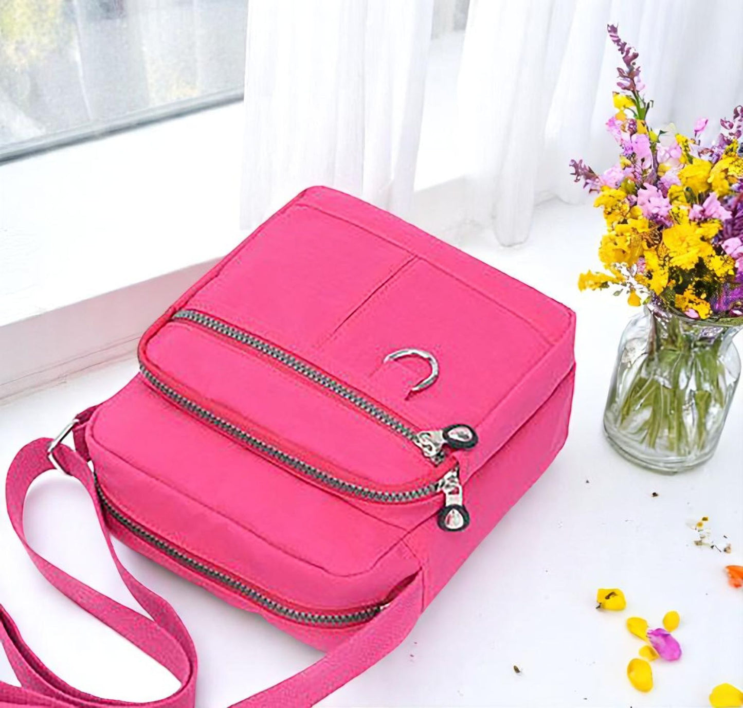 Lightweight Waterproof Small Nylon Crossbody Bag for Women with Multiple Compartments and Adjustable Strap - Hot Pink (9925-CRTGLB)