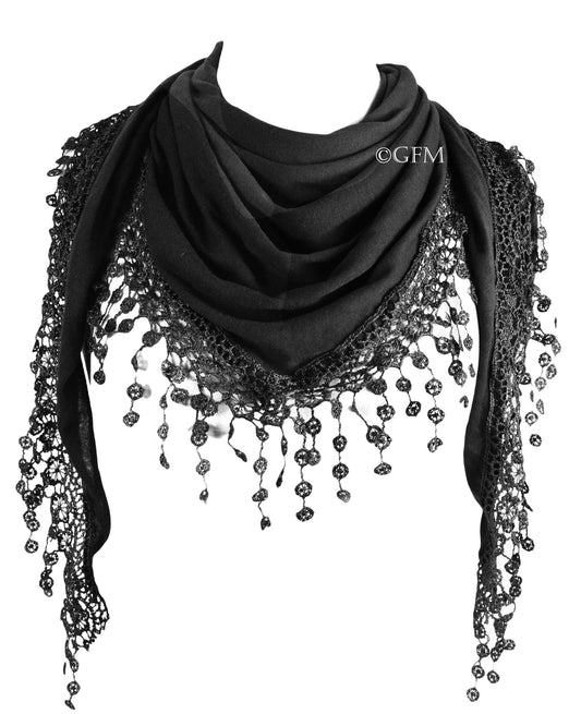 Triangle Scarf with Lace and Tassels - Black (TRI-PLN-KL)