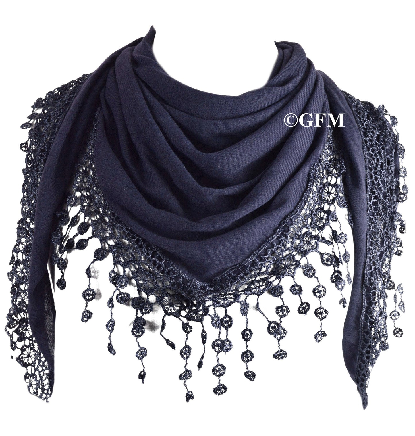 Triangle Scarf with Lace and Tassels - Navy Blue (TRI-PLN-GHNL)