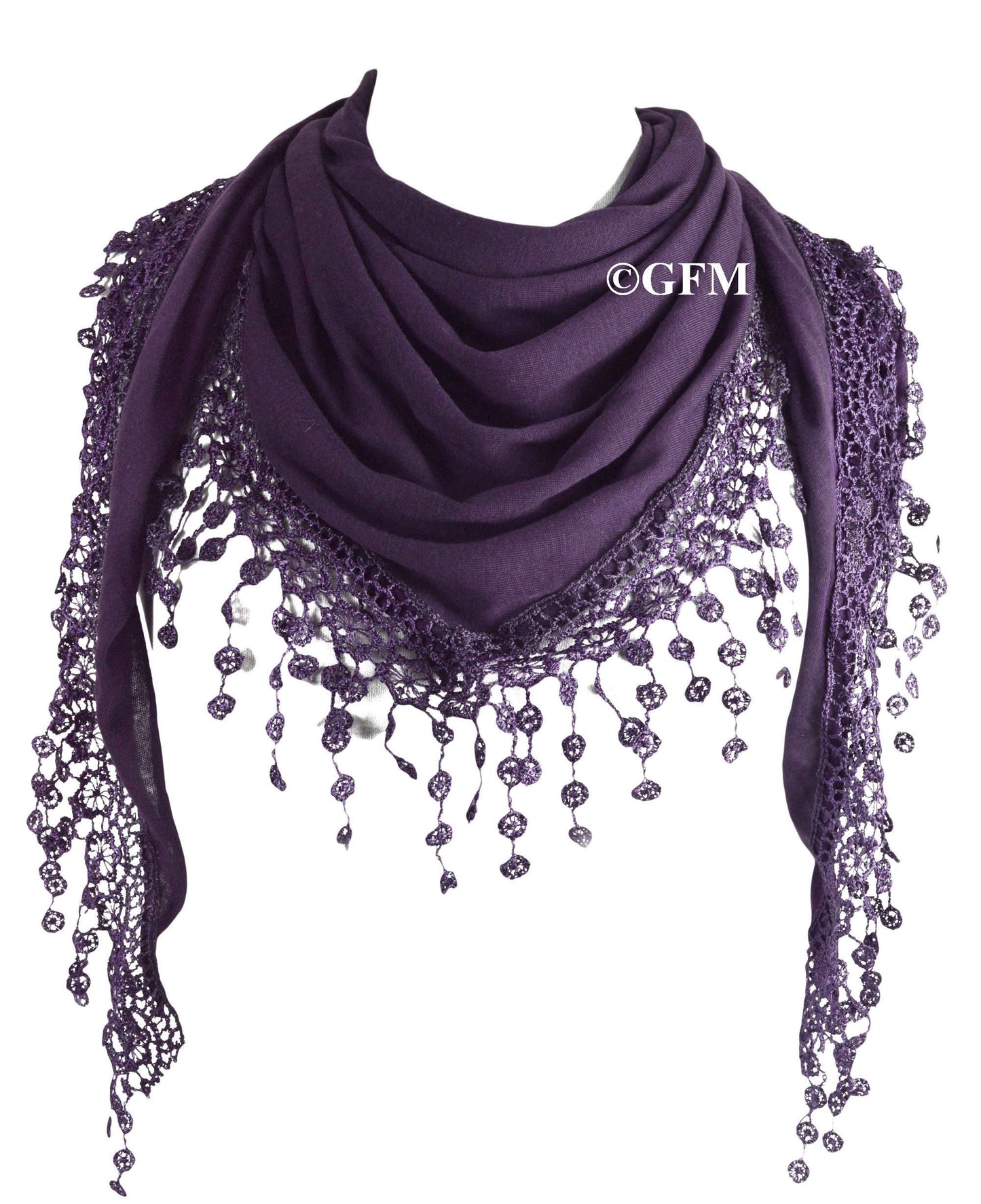 Triangle Scarf with Lace and Tassels - Purple (TRI-PLN-GHJMN)