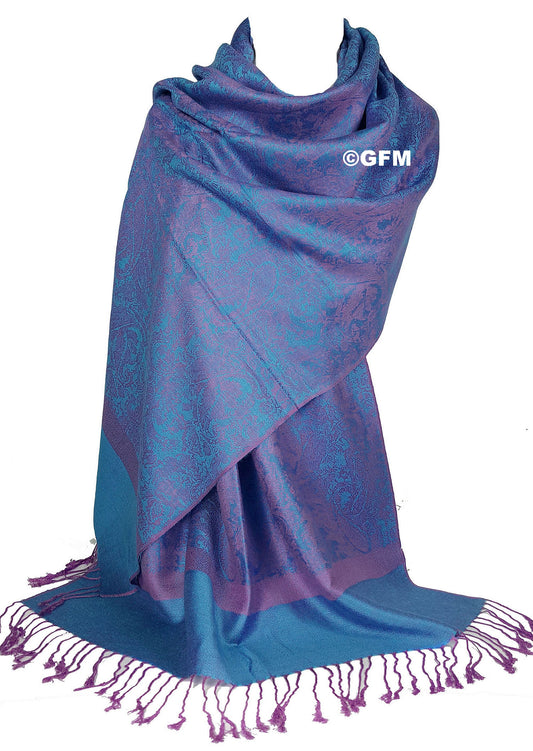 Paisley Pattern Pashmina Style Scarf – Lightweight, Stylish, Boho-Chic Fashion Accessory - Pink Turquoise Blue (P093-GLBTX)