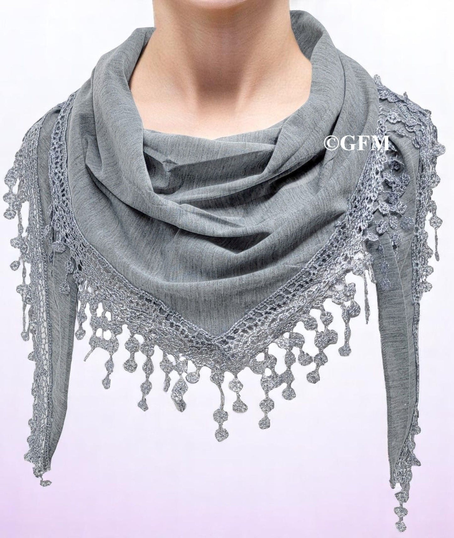 Triangle Scarf with Lace and Tassels - Silver Grey (TRI-PLN-CHBH)