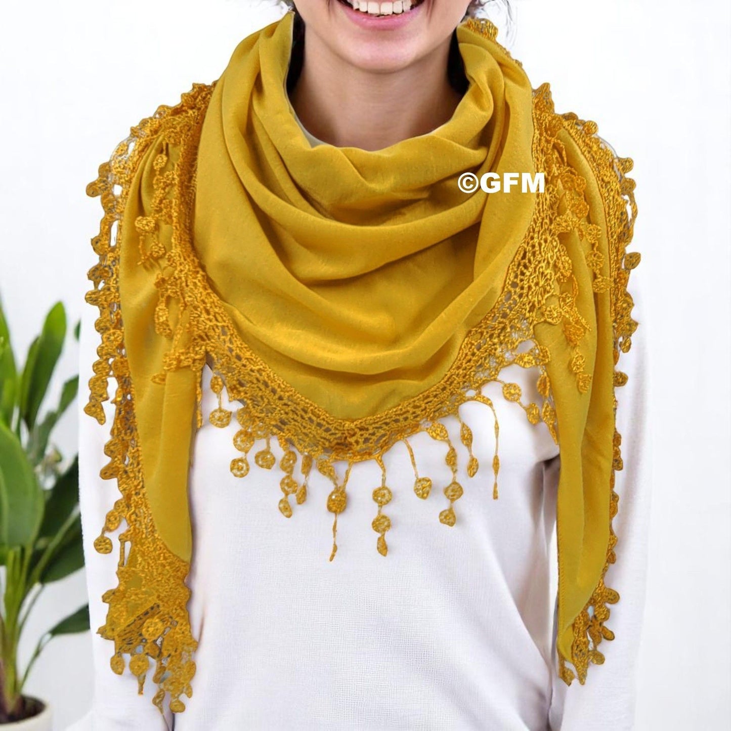 Triangle Scarf with Lace and Tassels - Mustard Yellow (TRI-PLN-MTD-PLA)