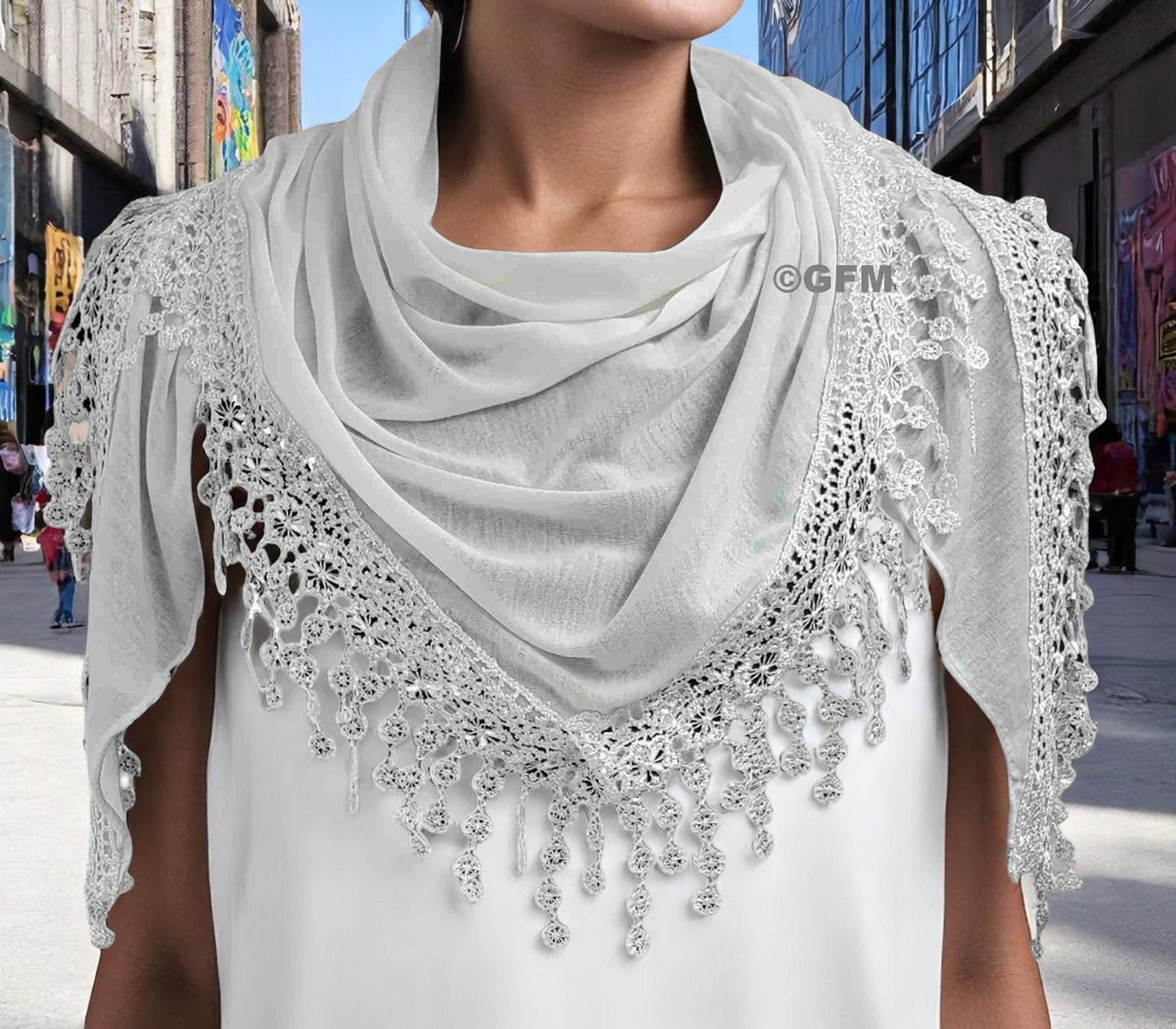 Triangle Scarf with Lace and Tassels - White (TRI-PLN-SFD)