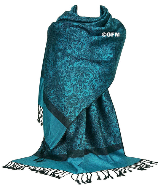 Paisley Pattern Pashmina Style Scarf – Lightweight, Stylish, Boho-Chic Fashion Accessory - Teal Turquoise Black (P093-TXNLKL)