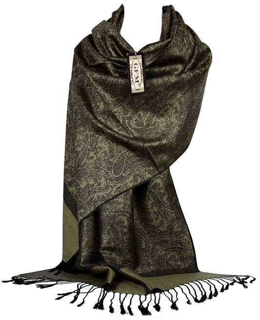 Paisley Pattern Pashmina Style Scarf – Lightweight, Stylish, Boho-Chic Fashion Accessory - Black Olive Khaki (P093-KLJTNKH)